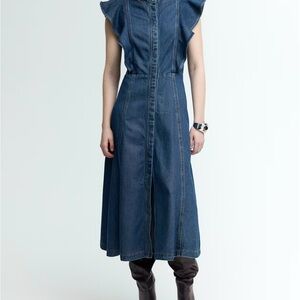 H&M Midi Flounce trimmed Blue Denim Dress.Large. NWT. Sold out
